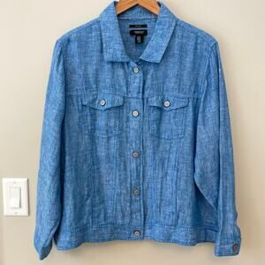 Jones & Co Womens 100% Linen Trucker Jacket Size 1X Blue Lightweight
